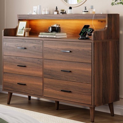 WOWLIVE 6 Drawer Dresser with 2-Tier Open Shelf, Wooden Dresser with Power Outlet & LED Lights, Chest of Drawers Dresser for Bedroom
