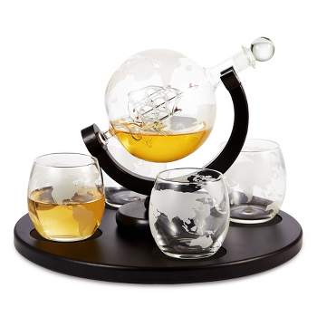 Berkware Globe Etched Whiskey Decanter Set with Interior Hand-Crafted Glass Ship - 28oz with 4 10oz Globe Glasses