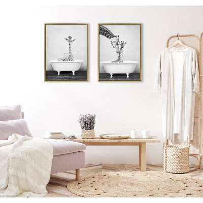 Gold Framed Giraffe in Tub Canvas Print, 27x22