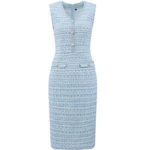 INSPIRE CHIC Women's Sleeveless Tweed V Neck Button Decor Work Office Pencil Dress - 1 of 4