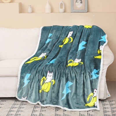 Catalonia Gray Banana Cat Sherpa Fleece Reversible Throw Blanket, 50" x 60"