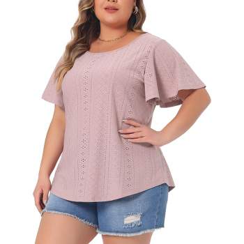 Agnes Orinda Women's Plus Size Eyelet Embroidered Round Neck Flare Sleeve Casual Summer Blouse