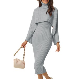 Seta T Women's Spring Fall 2 Piece Outfits Knitted Long Sleeve Turtleneck Sweaters with Tank Bodycon Midi Sweater Dress Set - 1 of 4