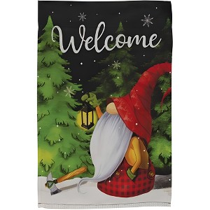 Slickblue "Welcome" Lumberjack Gnome Flag – Snowy Sky and Evergreen Trees, 18" x 12.5", UV-Resistant Polyester - 1 of 4