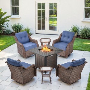 Buenhomino 7-Piece Small Patio Furniture Set, Outdoor Swivel Rocking Chairs Set with 50,000 BTU Fire Pit Table Wicker Chairs - 1 of 4