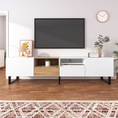 Whisen Modern Drop Down Door Entertainment Center TV Stand for TVs up to 85'' with 2 Cabinets and Open Storage Compartment