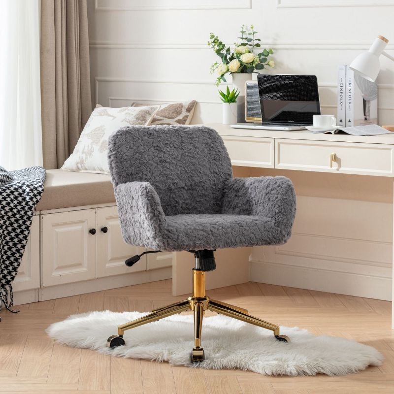 Furniture Office Chair, Artificial rabbit hair Home Office Chair with Golden Metal Base, Adjustable Desk Chair Swivel Vanity Chair-The Pop Home, 3 of 10