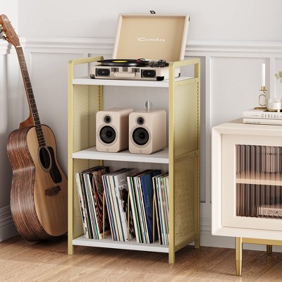 TROPOW Record Player Stand with Storage, Wooden Turntable Stand with Mesh Gold Metal Side, 3-Tier Golden Record Player Side Table