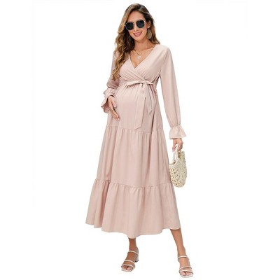Image of Maternity Dress Women's V-Neck Puff Sleeve Pleated Maternity Maxi Dress for Baby Shower or Casual Wear longapricot S