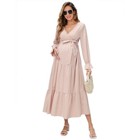 Maternity Dress Women s V neck Puff Sleeve Pleated Maternity Maxi Dress For Baby Shower Or Casual Wear Longapricot S Target