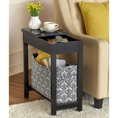 Black Gloss Rectangular Wood Side Table with Storage Bin