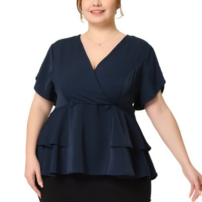 Agnes Orinda Women's Plus Size Peplum V Neck Ruffle Hem Buttons Front Work Formal Top