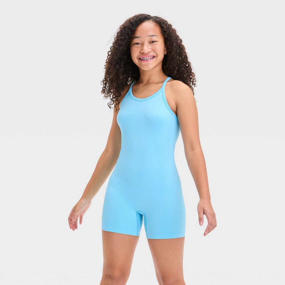 Girls' Seamless Bike Leotard - All In Motion™ Blue S: Crisscross Back, Midweight Knit, Pull-On Style