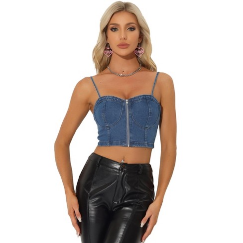 Allegra K Women's Spaghetti Strap Sleeveless Zip Up Denim Crop Top Blue  X-Small