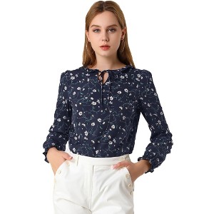 Allegra K Women's Floral Tie Neck Frilly Trim Long Sleeve Chiffon Blouse - 1 of 4