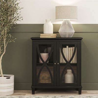 Black Glass-Paned Double Door Accent Cabinet with Adjustable Shelves