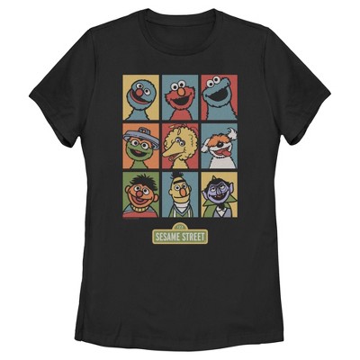 Women's Sesame Street 9 Panel Puppet Grid T-shirt - Black - Medium : Target