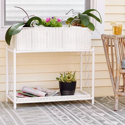 White Resin Wicker Two-Tier Indoor Outdoor Planter Stand