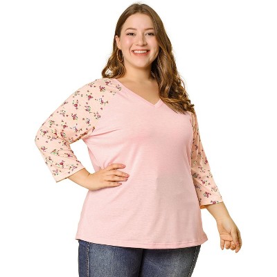 Agnes Orinda Women's Plus Size Top Raglan Floral Print V Neck 3/4 Sleeve Peasant Blouse