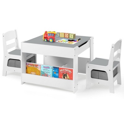Kinder King Kids Wood Table & 2 Chairs Set, 4 in 1 Children Activity Table w/Double Bookcase, Blackboard, Toddler Furniture Set