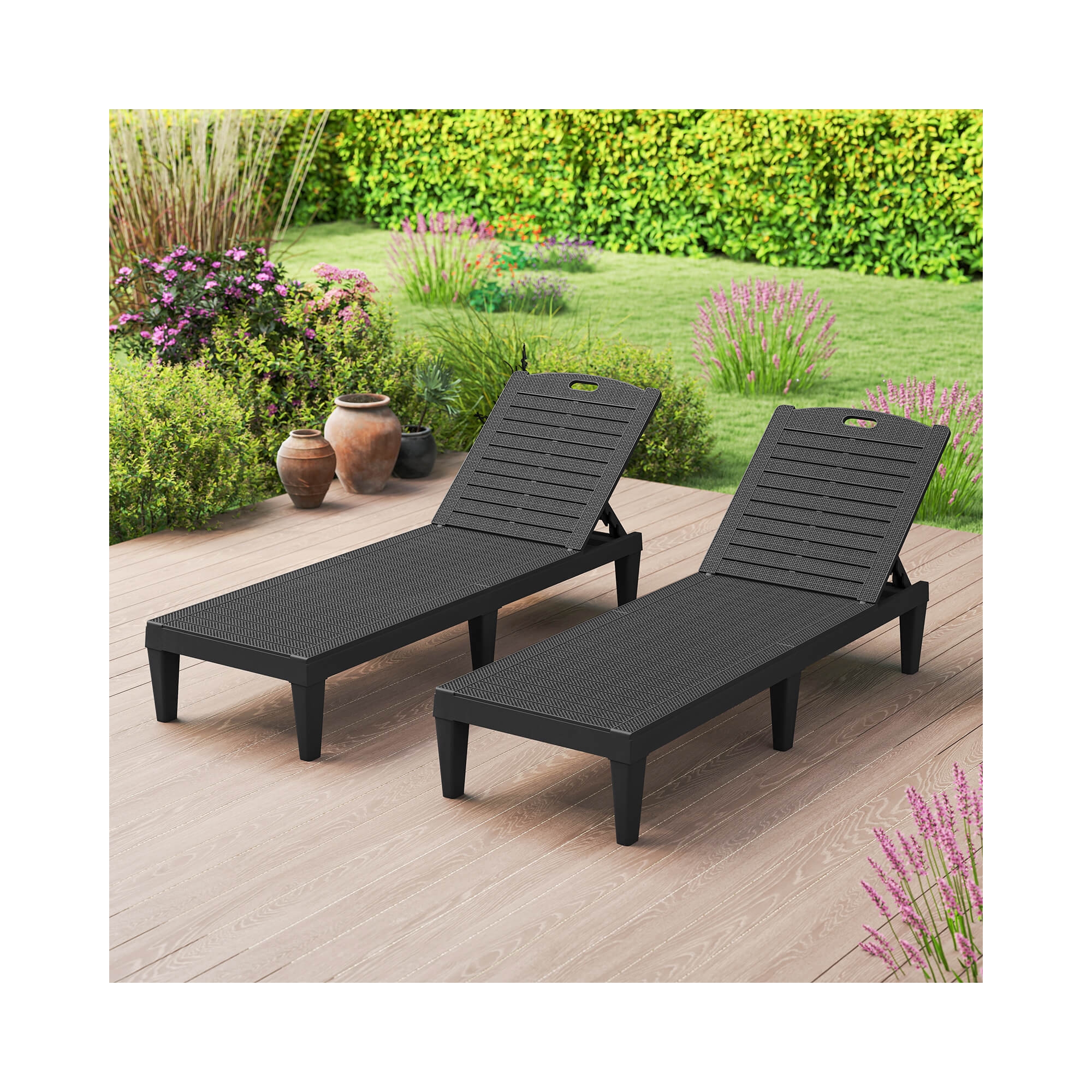 Costway Chaise Lounge Chairs Set of 2 with 5-Position Adjustable Backrests Easy Assembly Black