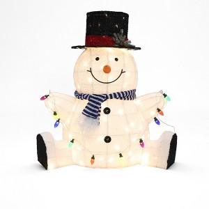 LuxenHome 2.7Ft Jolly Snowman with Black Tophat Outdoor Holiday Decoration with Lights White, Black, Red, Blue - 1 of 4