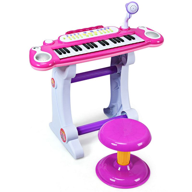 Costway 37 Key Electronic Keyboard Kids Toy Piano MP3 Input with Microphone and Stool Pink/Blue, 1 of 10