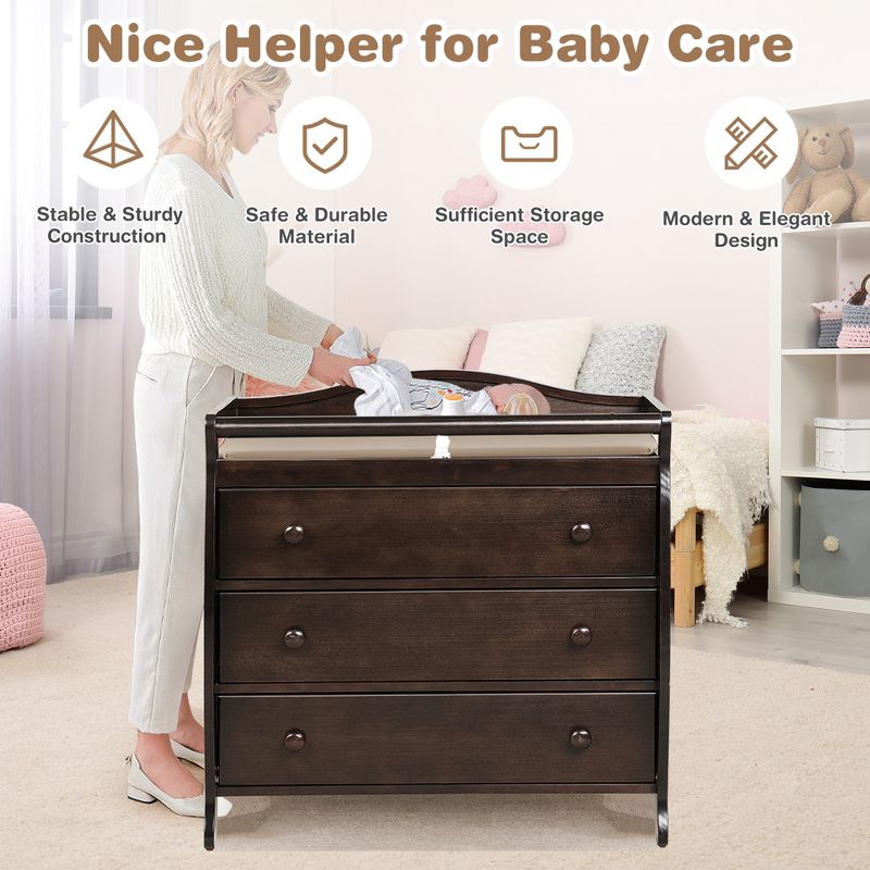 Costway 3 Drawer Baby Changing Table Infant Diaper Changing Station Wood with Safety Belt Brown/Grey/White, 4 of 11