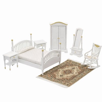 Etokfoks 1/12 Scale Victorian Dollhouse Bedroom Furniture Set White Gold 7 Piece Colonial Brewster Style Bed Mirror Chair Rug — фото 2