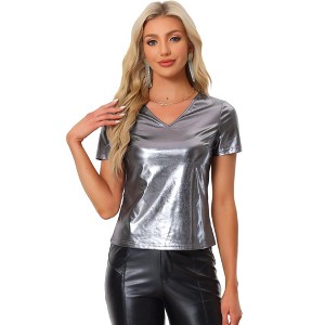 INSPIRE CHIC Women's V Neck Short Sleeve Party Clubwear Shiny Metallic Blouses - 1 of 4