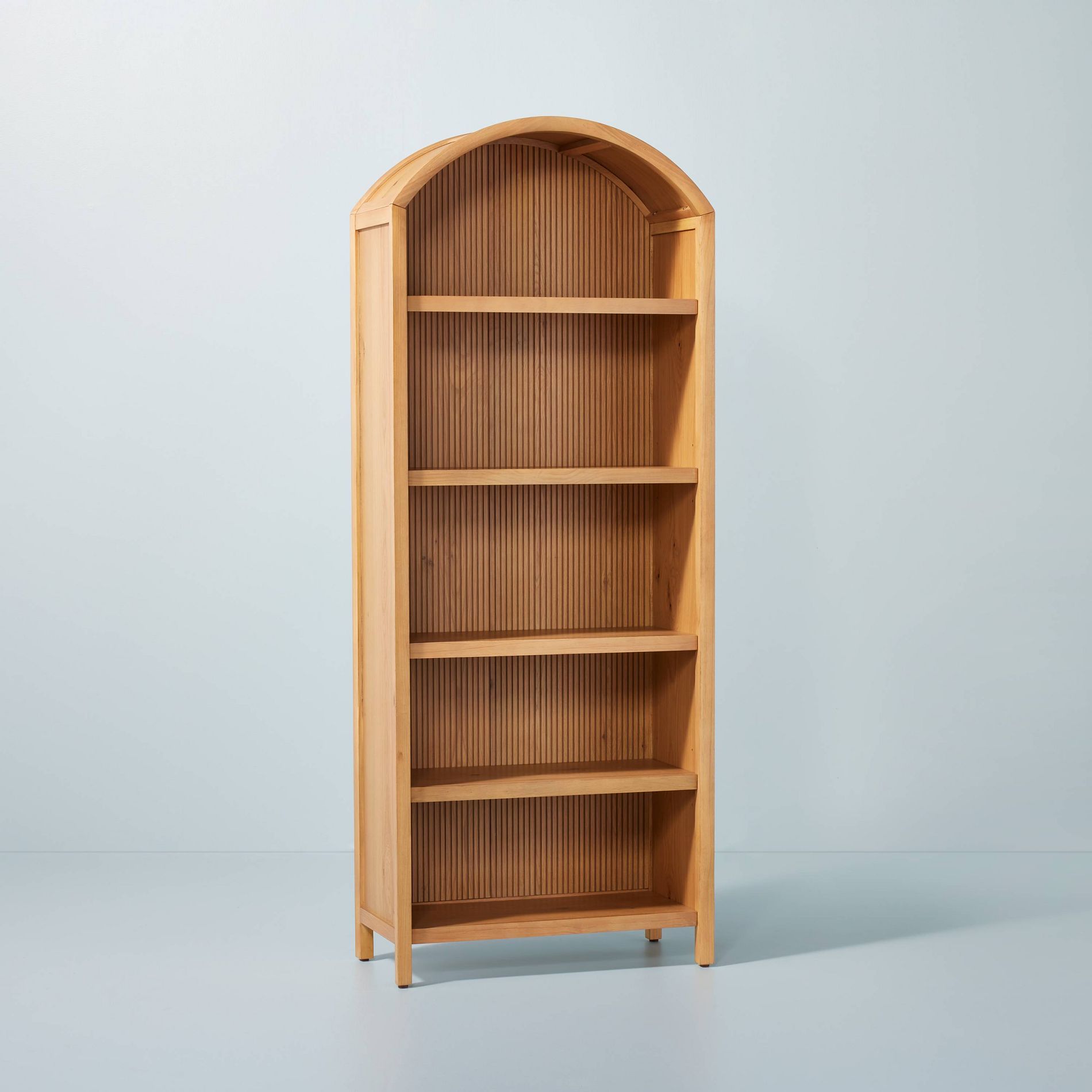Grooved Wood Arch Bookcase - Natural - Hearth & Hand™ with Magnolia: 5-Tier Farmhouse Style, Enclosed Back, Adjustable Shelves