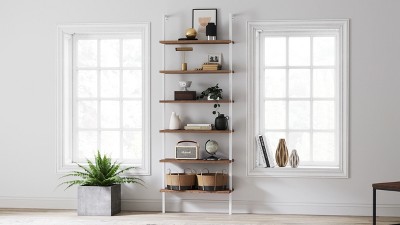 Theo 6-Tier Nutmeg & Matte Black Industrial Ladder Bookshelf