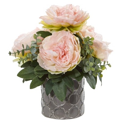 13" x 12" Artificial Peony and Eucalyptus Plant Arrangement in Planter - Nearly Natural