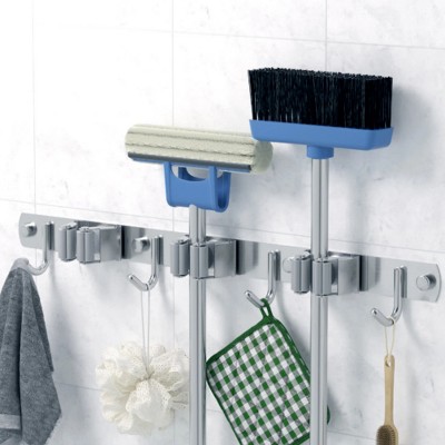 LunaLulinlk Mop Broom Holder Wall Mount,Stainless Steel Garage Organizer Saving Wall-Mounted Broom Hanger,3 Racks 4 Hooks,Silver