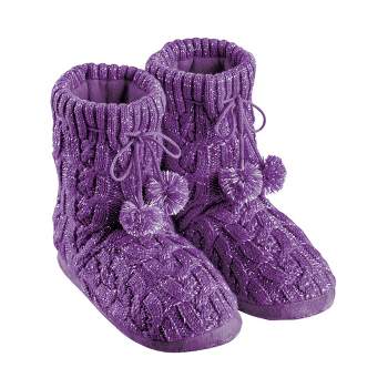 Collections Etc Lurex Cable Knit Slipper Boots with Fleece Lining, Fun Pom Poms, Extra Warm and Flexible, Mid-Calf