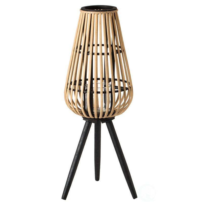 Vintiquewise Indoor and Outdoor Modern Natural Bamboo Decorative Lantern with Black Stand and Glass Candle Holder, 1 of 7
