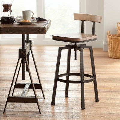 Bronze & Gray Adjustable Swivel Barstool with Wood Backrest