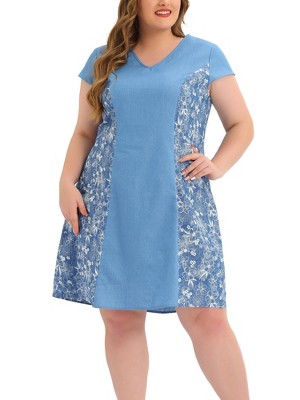 Agnes Orinda Women's Plus Size Belt Waist Ruffle Hem Chambray Shirt Dress  Light Blue 4x : Target