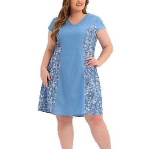 Agnes Orinda Women's Plus Size Chambray Wedding Floral A-Line Dresses - 1 of 4
