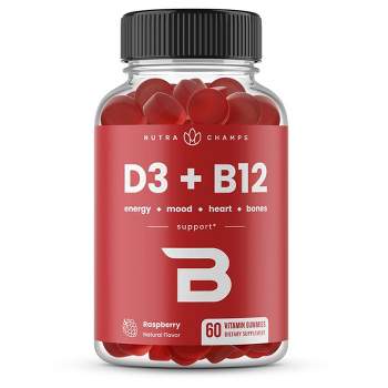 NutraChamps Vitamin D3 & Vitamin B12 Methylcobalamin Gummies for Energy, Mood, Heart & Bones - 60 Vegan Chewables