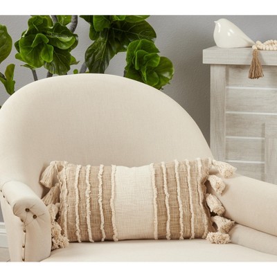 Ivory Cotton Striped Tassel Oblong Pillow Cover