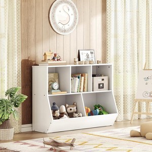 Hachikiko 35.4" L White Kids Bookshelf with Toy Storage Cubby, Children's Toy Shelf for Bedroom, Playroom, Kindergarten - 1 of 4