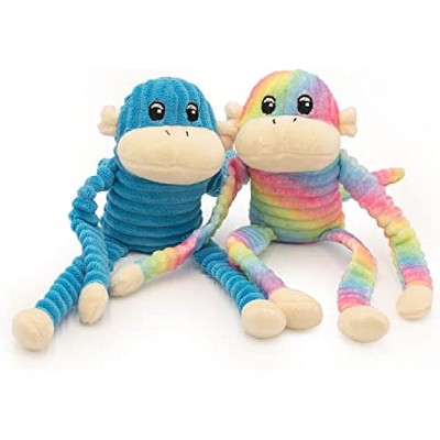 ZippyPaws Crinkle Monkey - Interactive Dog Toys, Squeaky Plush Pet Toy for All Breeds Dogs - Rainbow & Blue 2-Pack, Small