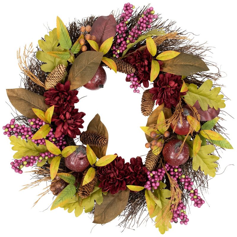 Northlight Mums and Pomegranates Artificial Fall Harvest Twig Wreath, 24-Inch, 1 of 8