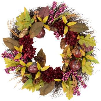 Northlight Mums and Pomegranates Artificial Fall Harvest Twig Wreath, 24-Inch