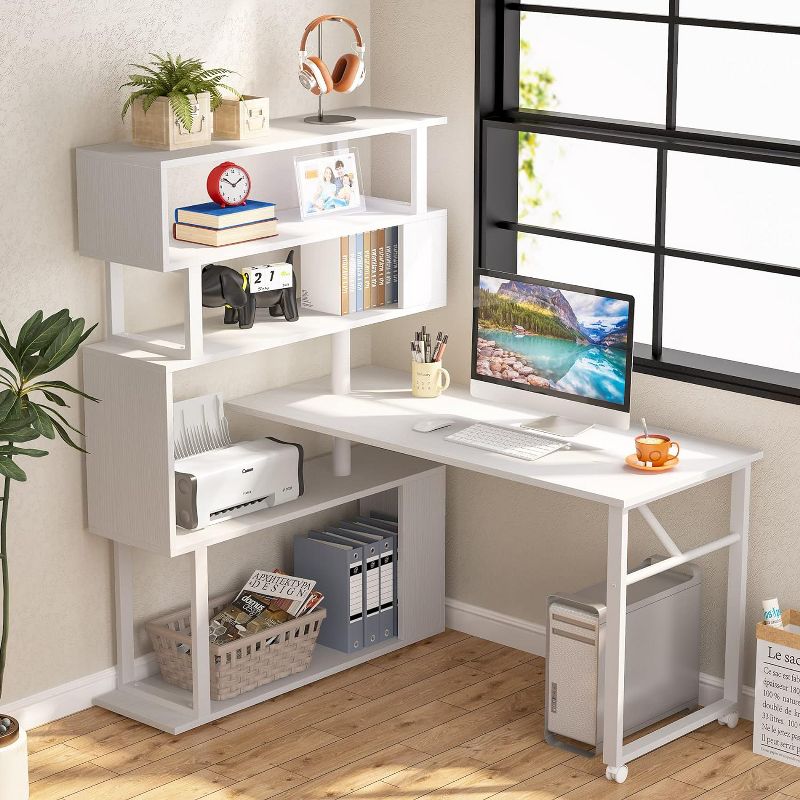 Tribesigns Rotating Computer Desk with 5 Shelves, Modern Reversible L-shaped Corner Desk, Study Table Writing Desk with Wheels for Home Office, 2 of 9