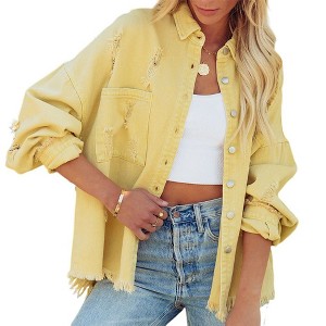Coolmee Women's Oversized Ripped Denim Jacket Frayed Hem Button Front Boyfriend Jean Coat Western Shacket with Pockets - 1 of 4
