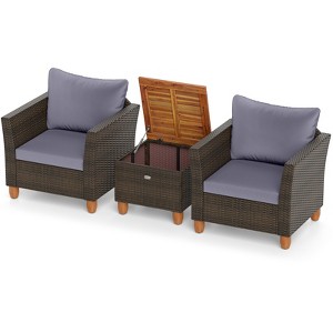 Tangkula Set of 3 Rattan Bistro Furniture Set Solid Acacia Wood Table Top Cushioned Sofa Patio - 1 of 4