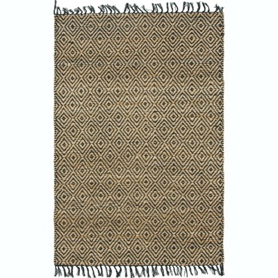 Handmade Braided Black Wool Rectangular Rug with Geometric Design