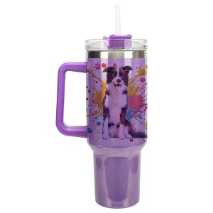 100 North 40 Ounce Stainless Steel Double Wall Insulated Glitter Travel Tumbler With Handle, Straw, and Lid, Border Collie Dog Purple - 1 of 4